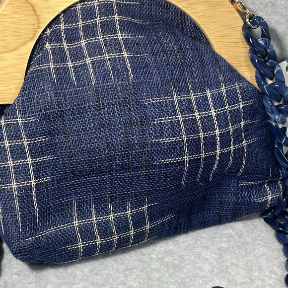 Pushi Blue Tweed Timber Handle Frame Clutch Detachable Strap Magnetic Closure - Picture 16 of 16